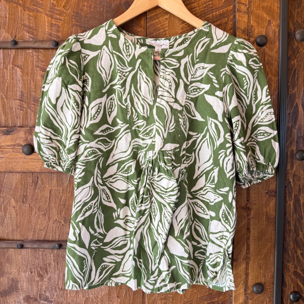 Panama Jack Womens Green White Leaf Print Puff Sleeve Split Neck Blouse Top Sml